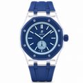 Arctic Blue Royal Pop watch with a clear case, blue dial and navy strap