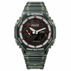 Coca-Cola-design GA-2100 watch with a dark dial and translucent green strap, front view