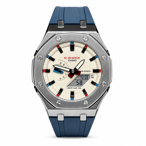 CasiOak GA-2100 USA watch with a cream dial, red and blue markers and navy strap