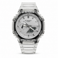 Silver-dial G-SHOCK GA-2100 watch with a clear case and strap