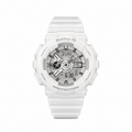 White Baby-G watch with a silver-tone analog-digital dial
