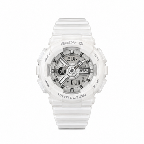 White Baby-G watch with a silver-tone analog-digital dial