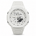 White-and-black Who Cares GA-2100 watch with black dial lettering and a white strap