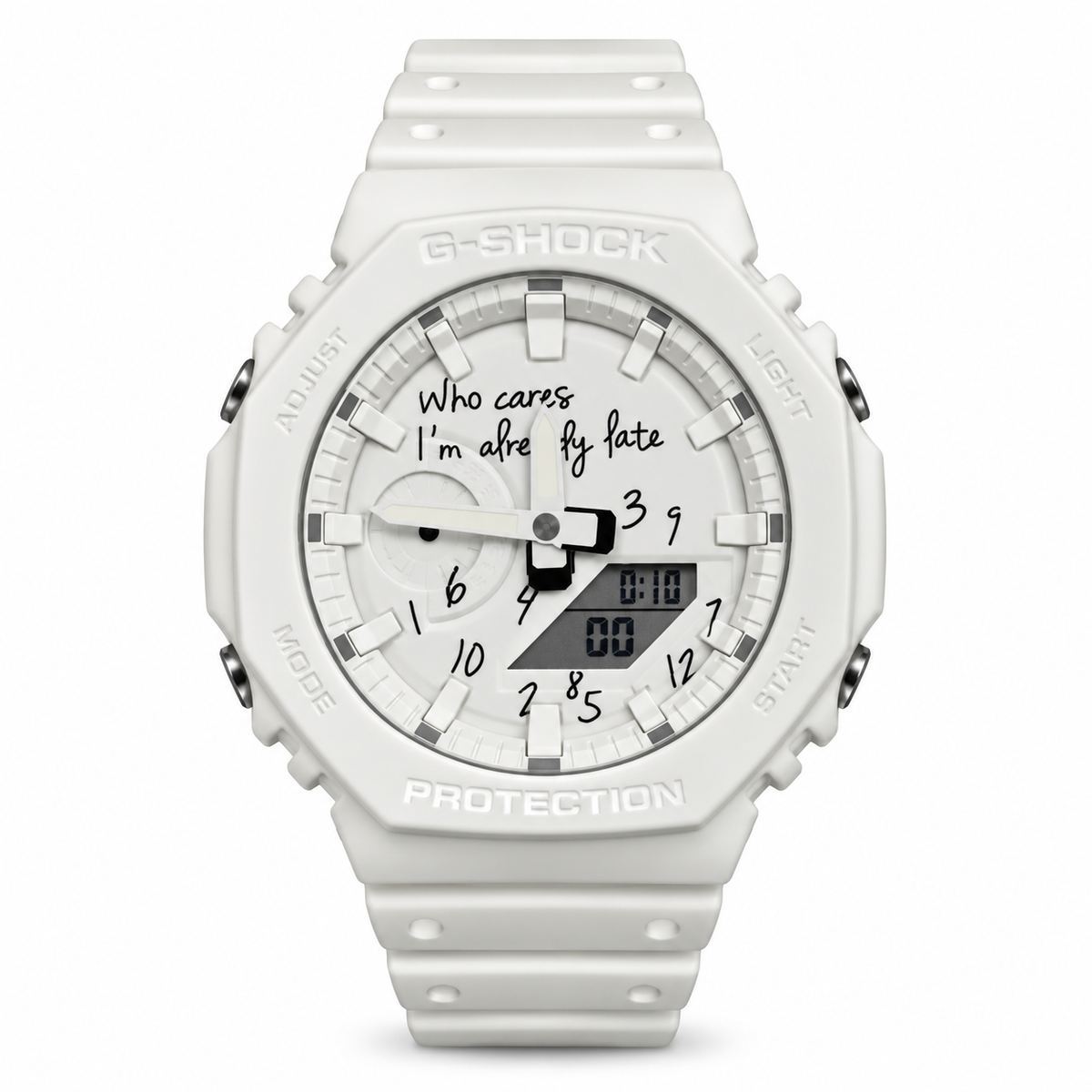 White-and-black Who Cares GA-2100 watch with black dial lettering and a white strap