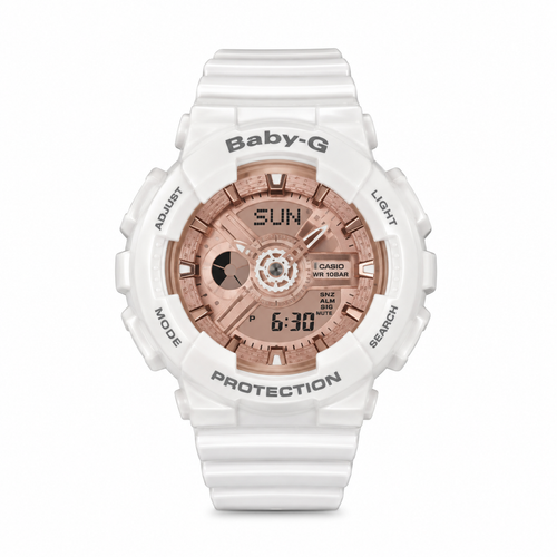 White Gold Baby-G watch with a rose-gold-tone dial and white strap