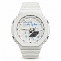 White-and-blue Who Cares GA-2100 watch with blue dial lettering and a white strap