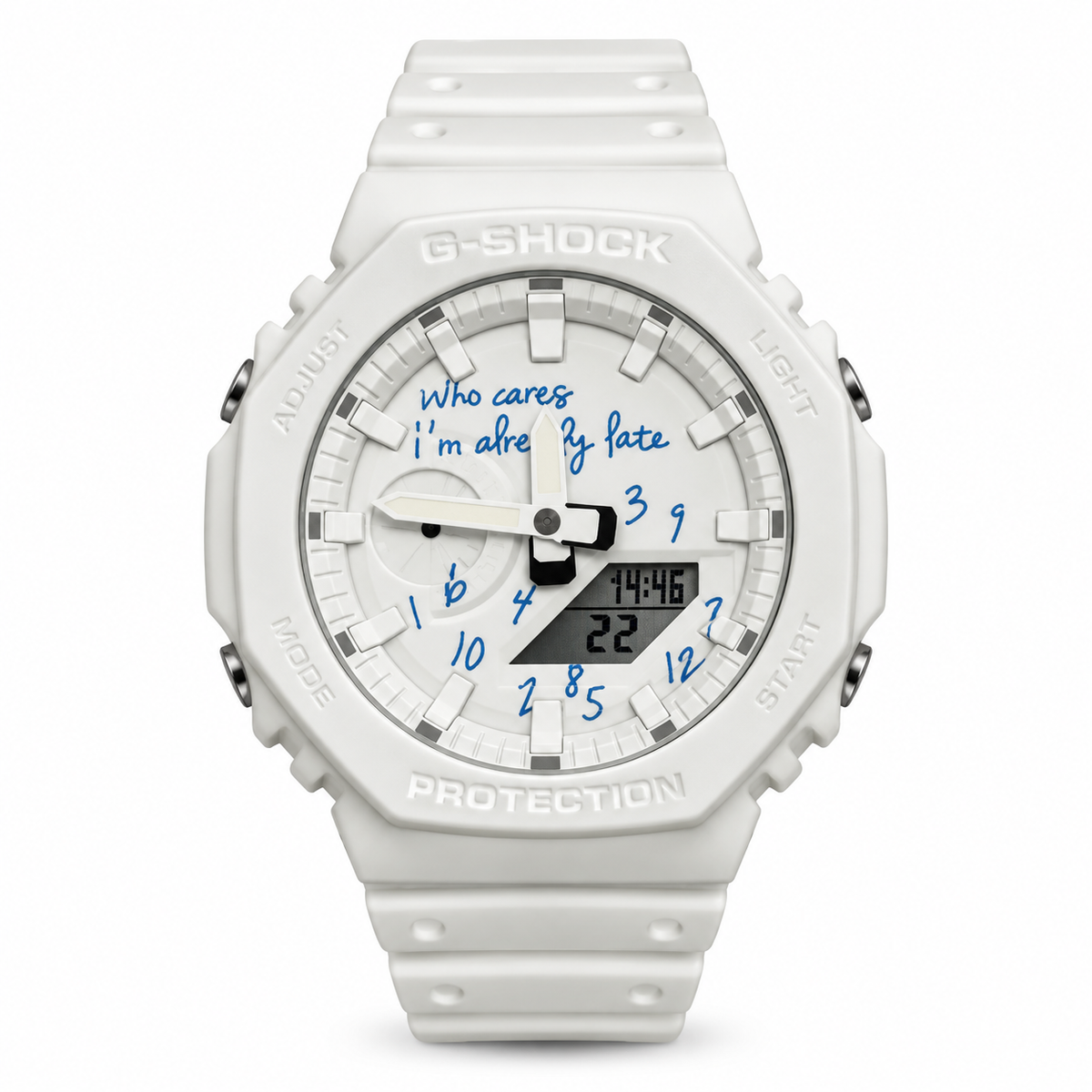 White-and-blue Who Cares GA-2100 watch with blue dial lettering and a white strap