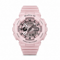 Pink Baby-G watch with a pale pink case, strap and analog-digital dial