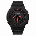 Black GA-2100 watch with red hands and red dial accents