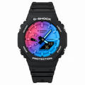 Black Rainbow GA-2100 watch with a pink-to-blue gradient dial and black strap