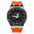 CasiOak GA-2100 watch with a black dial, two-tone case and orange strap