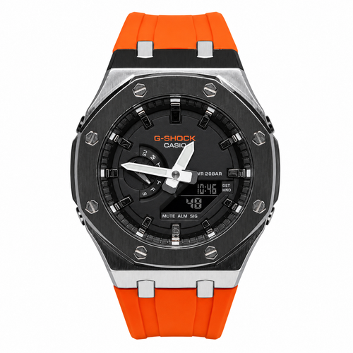 CasiOak GA-2100 watch with a black dial, two-tone case and orange strap