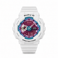 Red-and-blue Baby-G watch with a multicolor dial and white strap