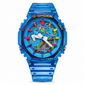 Blue Paint GA-2100 watch with a multicolor splatter dial and clear blue strap, front view