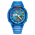 Blue Paint GA-2100 watch with a multicolor splatter dial and clear blue strap, front view