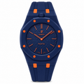 Midnight Blue Royal Pop watch with orange accents and a navy silicone strap