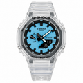 Clear Blue GA-2100 watch with a blue dial and transparent case and strap