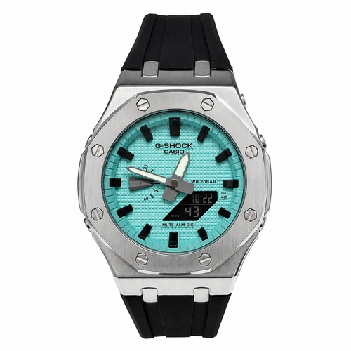 CasiOak GA-2100 watch with a turquoise dial and black strap