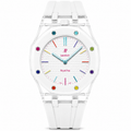 Skittles Royal Pop watch with a clear case, rainbow accents and white strap