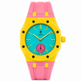 Solar Pink and Yellow Royal Pop watch with a turquoise dial and pink silicone strap