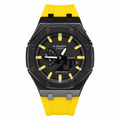 CasiOak GA-2100 watch with a black case and dial, yellow markers and yellow strap