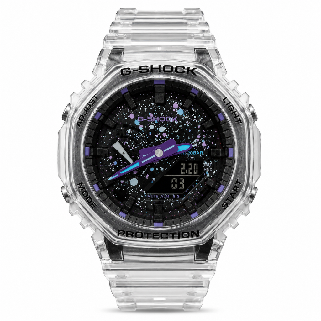 Clear Void GA-2100 watch with a speckled black dial and clear strap, front view