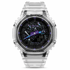 Clear Void GA-2100 watch with a speckled black dial and clear strap, front view