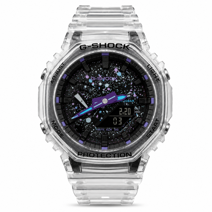 Clear Void GA-2100 watch with a speckled black dial and clear strap, front view