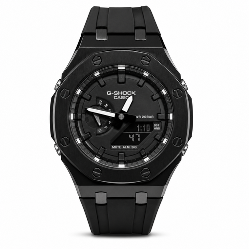 Black CasiOak GA-2100 watch with an octagonal black case and black strap