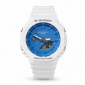 White-and-blue GA-2100 watch with a blue dial and white case and strap