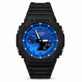 Black-and-blue GA-2100 watch with a bright blue dial and black strap