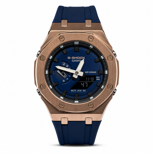 CasiOak GA-2100 watch with a bronze-tone case and navy dial and strap
