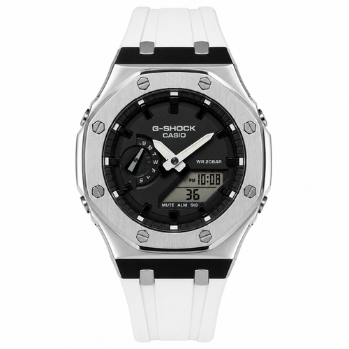 White CasiOak GA-2100 watch with a black dial and white strap
