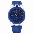 Midnight Blue Royal Pop watch with a clear case, orange accents and navy strap