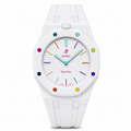 Prism White Royal Pop watch with rainbow accents and a white silicone strap
