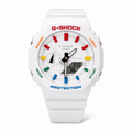 White Rainbow GA-2100 watch with rainbow markers around a white dial