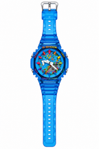 Blue Paint GA-2100 watch showing its full translucent blue strap
