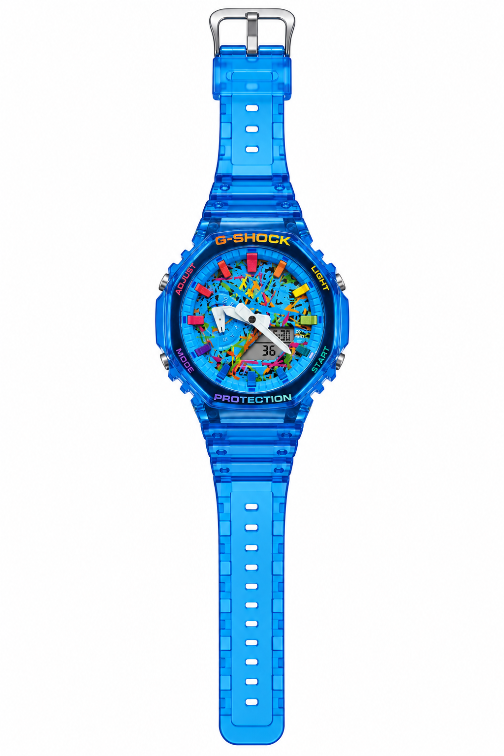 Blue Paint GA-2100 watch showing its full translucent blue strap