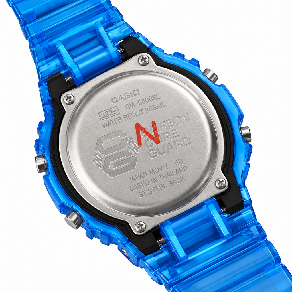 Caseback and translucent blue strap of the Blue Paint GA-2100 watch