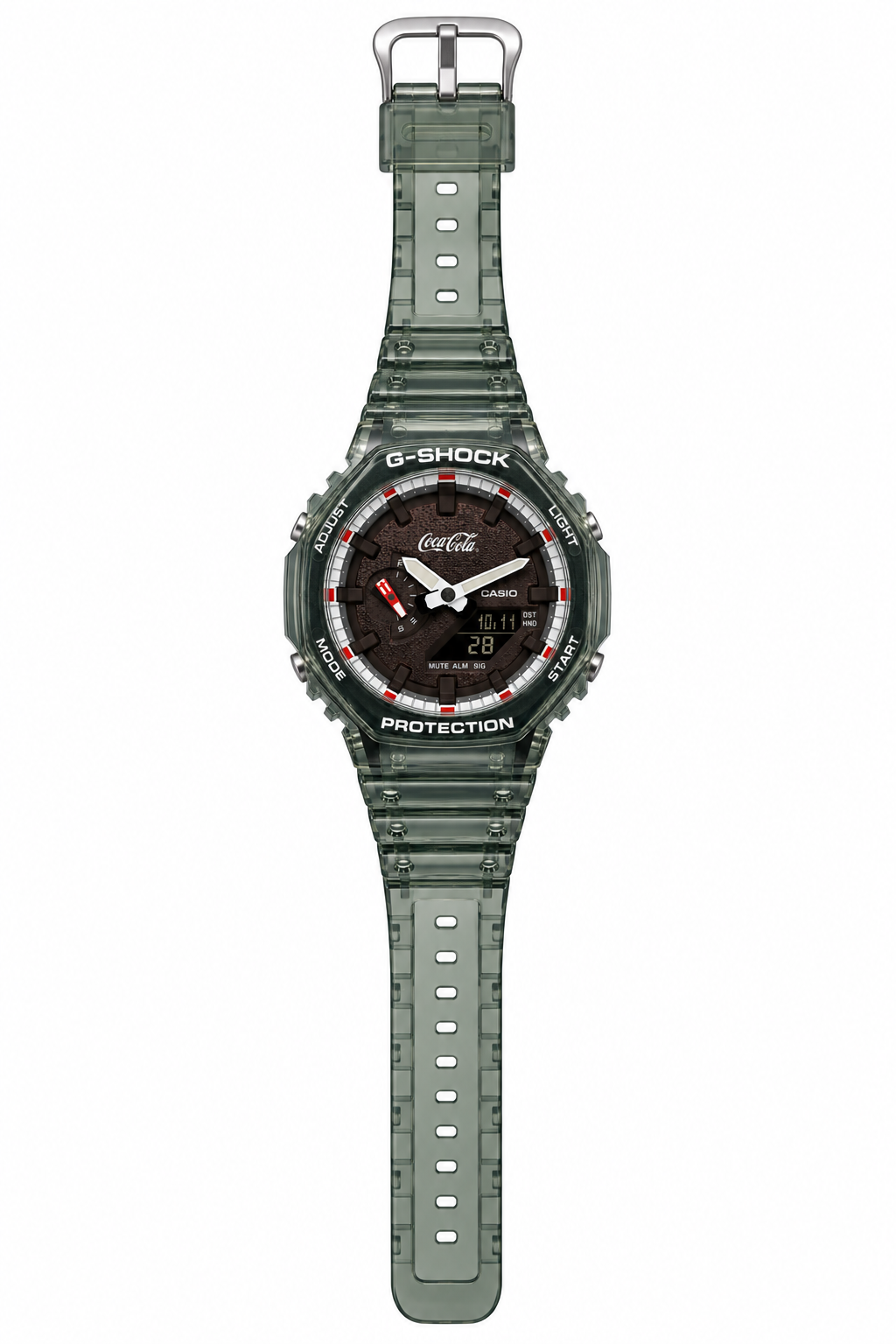 Coca-Cola-design GA-2100 watch showing the full translucent green strap
