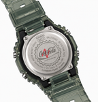 Coca-Cola-design GA-2100 watch showing the caseback and green strap