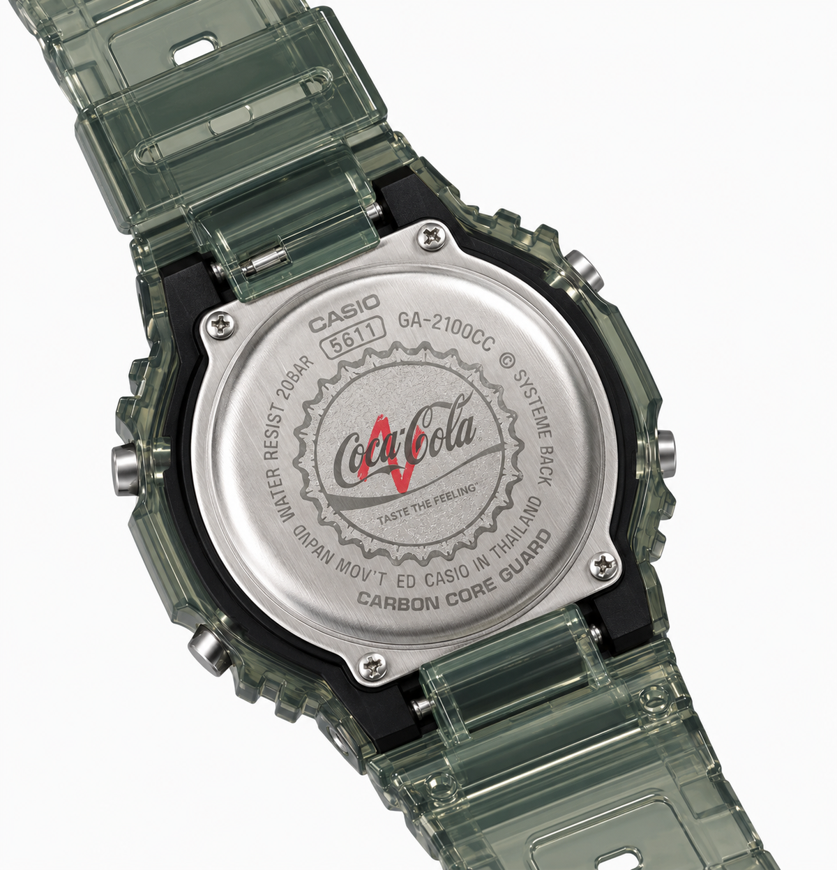 Coca-Cola-design GA-2100 watch showing the caseback and green strap