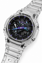 Clear Void GA-2100 watch with blue and purple details, angled view
