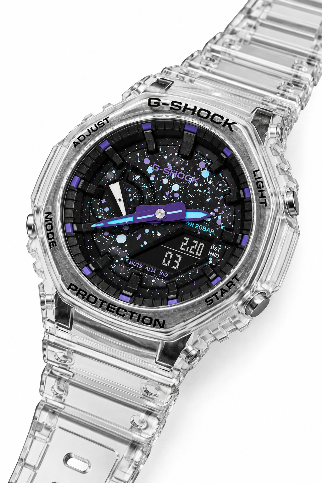 Clear Void GA-2100 watch with blue and purple details, angled view