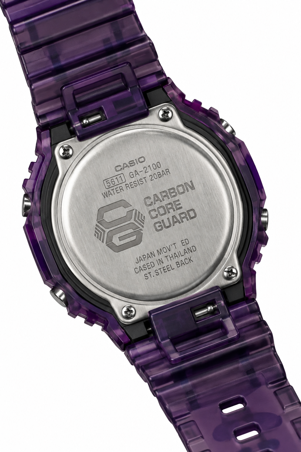 Caseback and translucent purple strap of the Purple Tiger GA-2100 watch