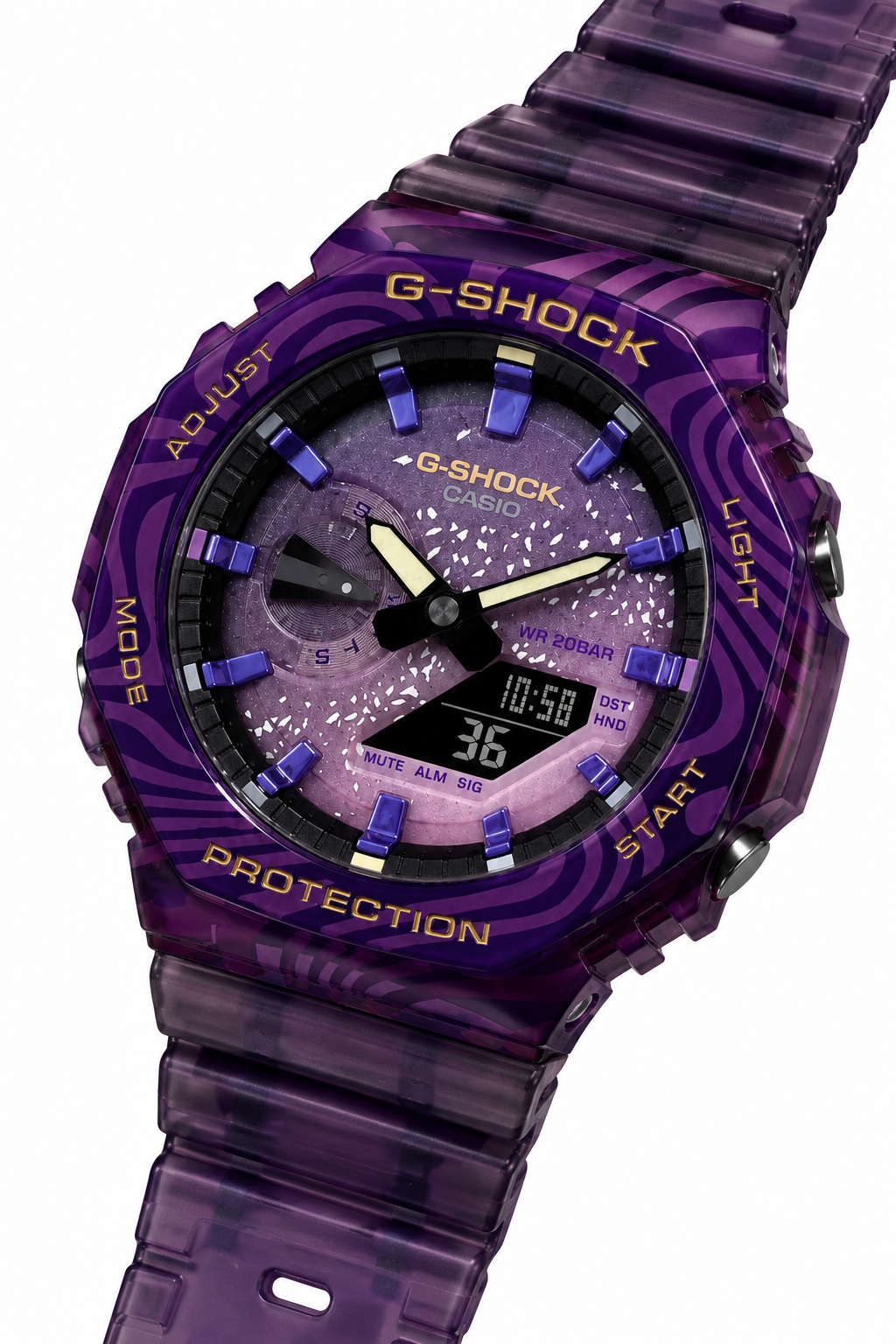 Purple Tiger G-SHOCK GA-2100 watch shown at an angle