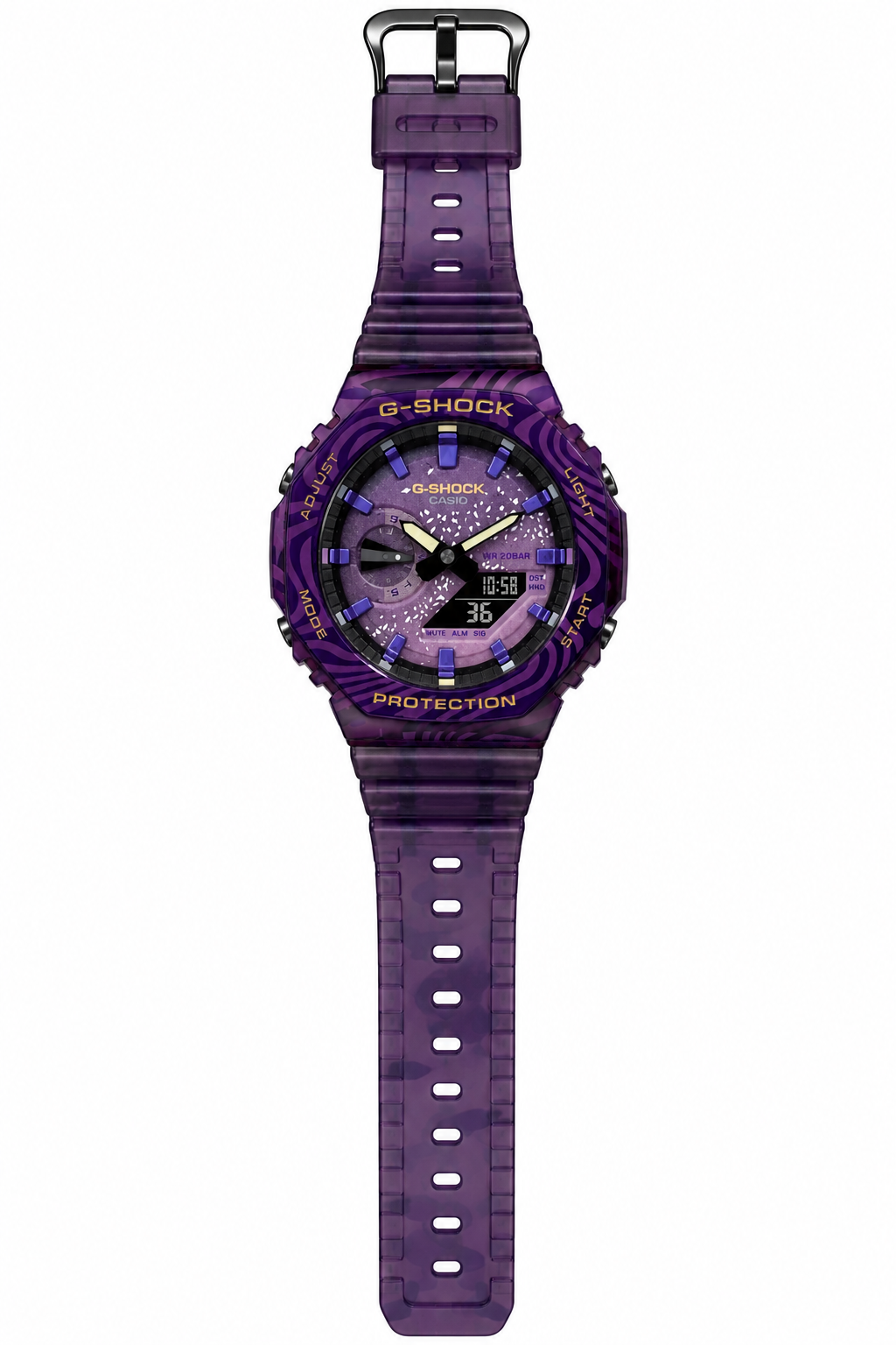 Purple Tiger G-SHOCK GA-2100 watch with its full purple strap laid out
