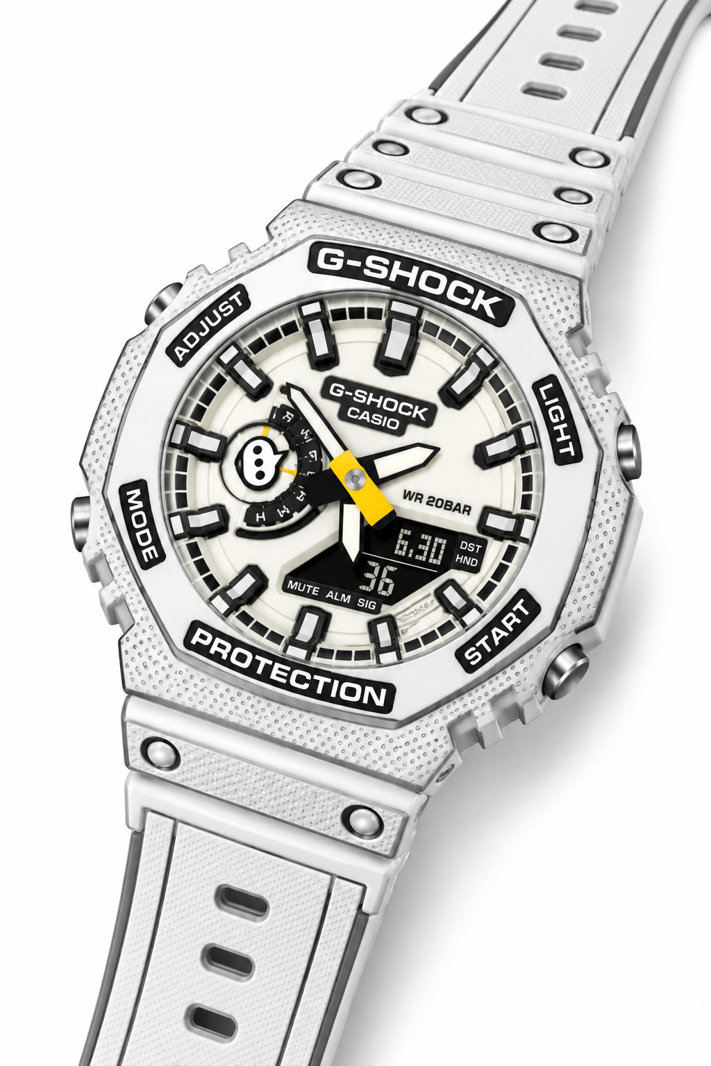 White Animated GA-2100 watch with comic-style outlines, angled view