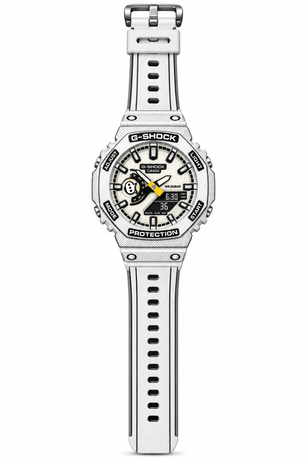 White Animated GA-2100 watch showing its full white strap
