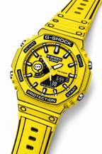 Yellow Animated GA-2100 watch with comic-style outlines, angled view
